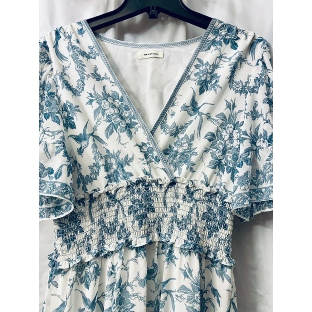 Max Studio Blue Toile de Jouy Bird Floral Smocked Tiered Ruffle Dress Sz S/M - Picture 2 of 10